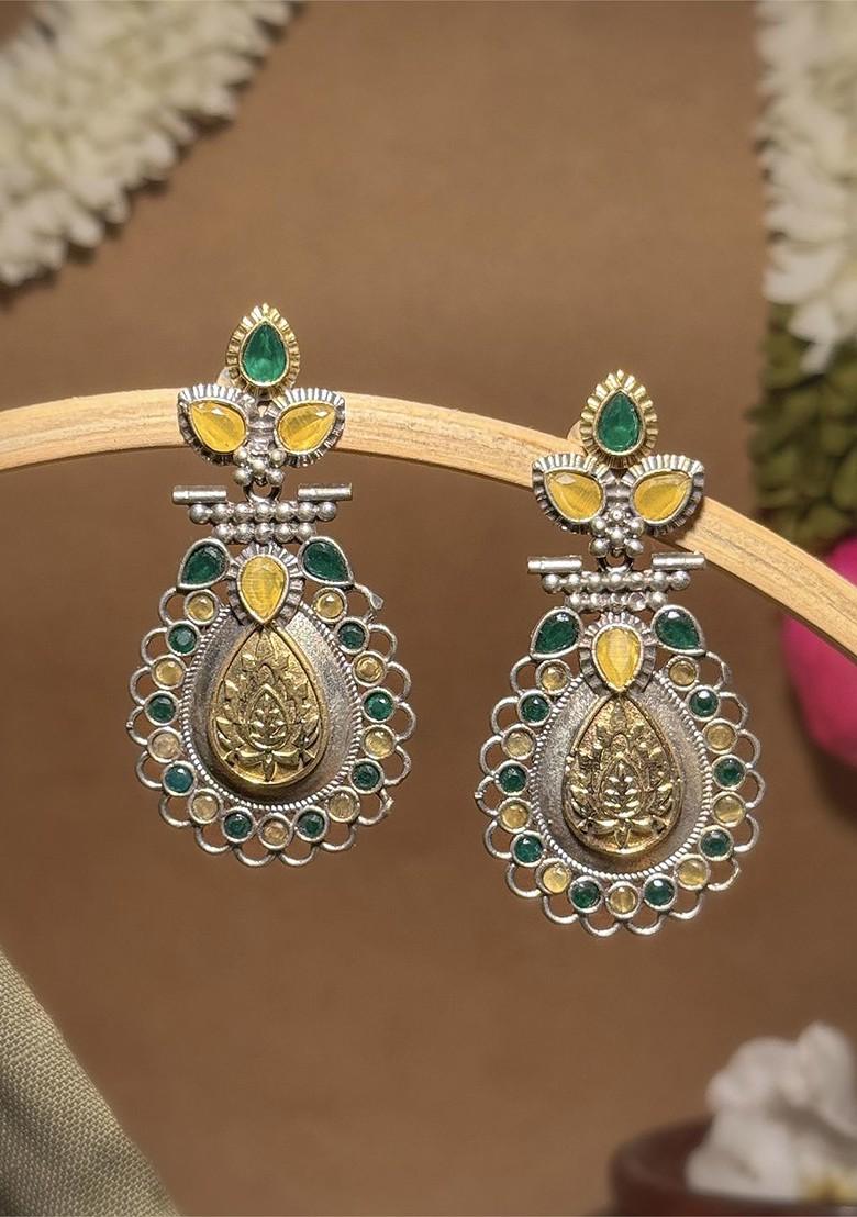 Silver Plated Artificial Stones Studded Teardrop Shaped Oxidised Drop Earrings