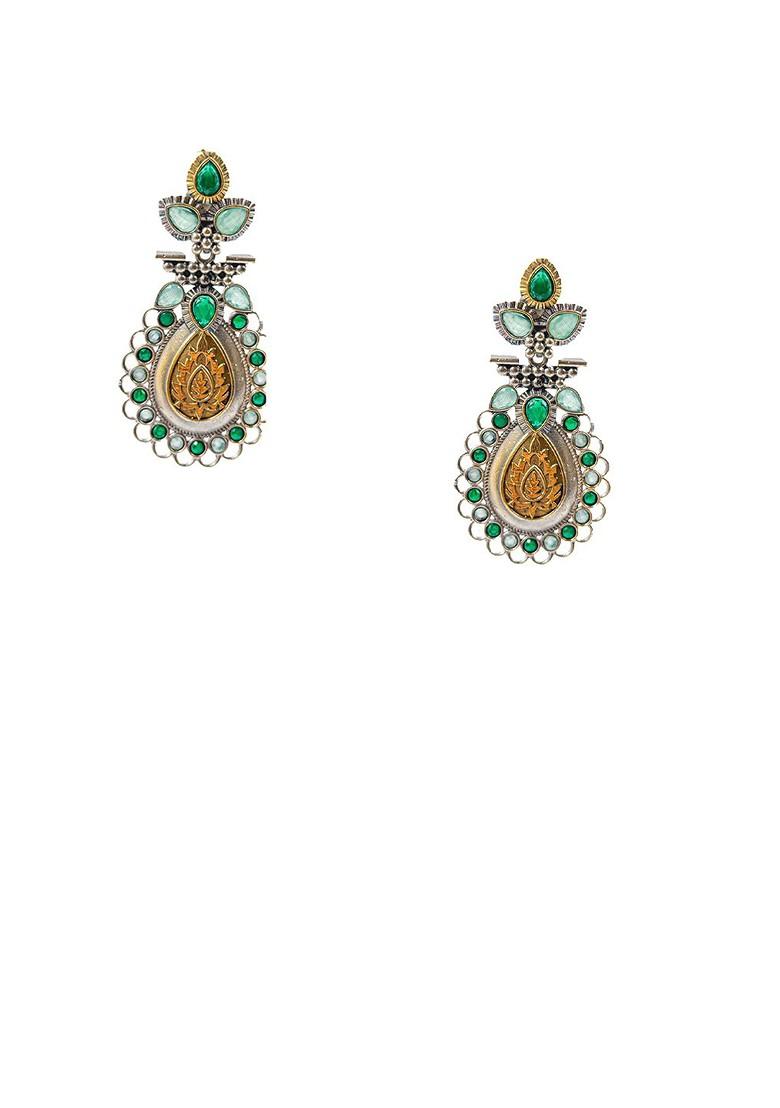 Silver Plated Artificial Stones Studded Teardrop Shaped Oxidised Drop Earrings