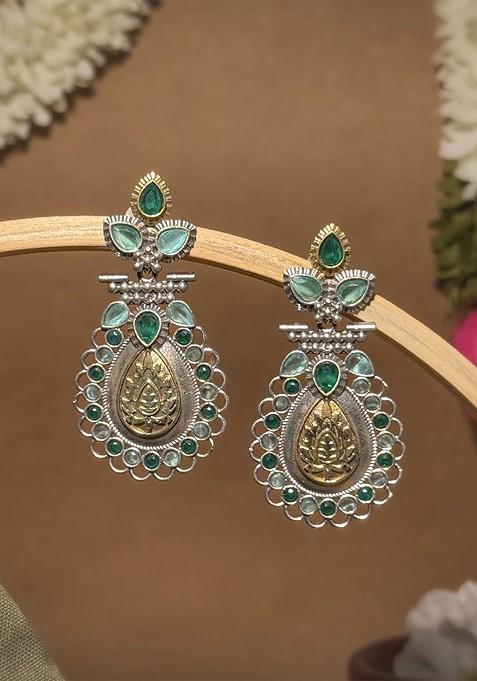 Silver Plated Artificial Stones Studded Teardrop Shaped Oxidised Drop Earrings