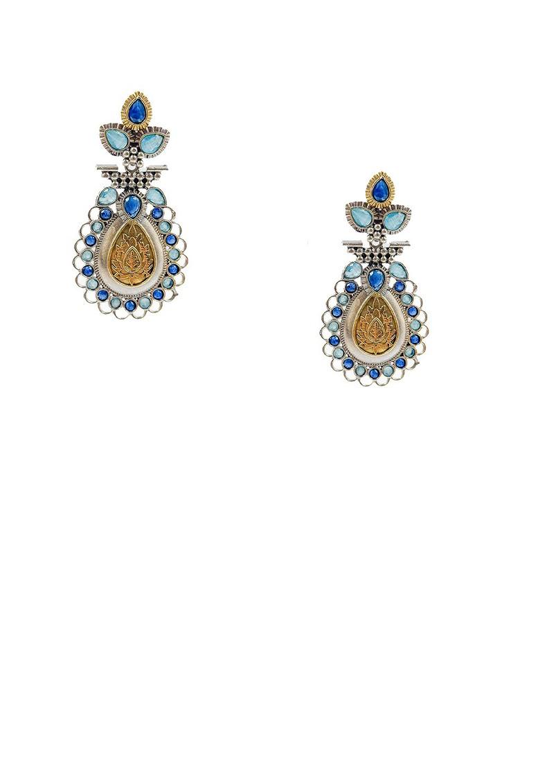 Silver Plated Artificial Stones Studded Teardrop Shaped Oxidised Drop Earrings