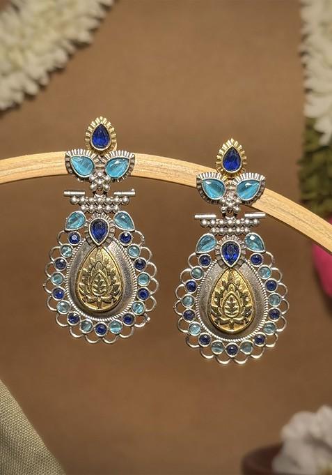 Silver Plated Artificial Stones Studded Teardrop Shaped Oxidised Drop Earrings