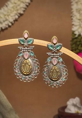 Silver Plated Artificial Stones Studded Teardrop Shaped Oxidised Drop Earrings