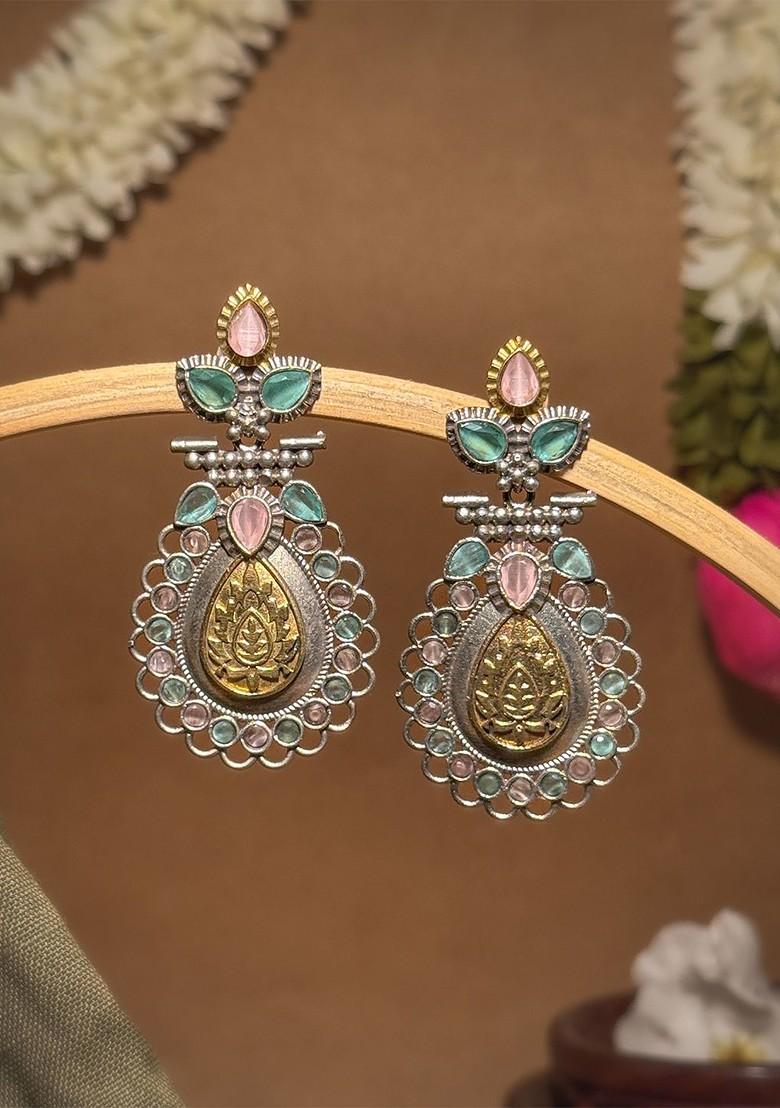 Silver Plated Artificial Stones Studded Teardrop Shaped Oxidised Drop Earrings