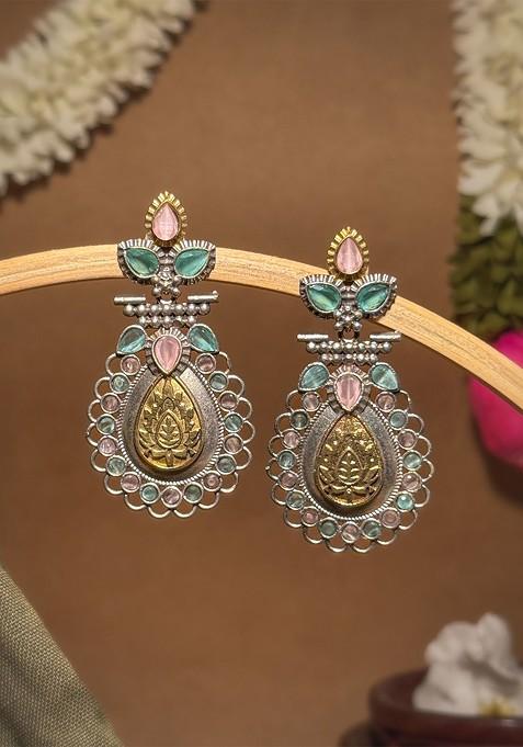 Silver Plated Artificial Stones Studded Teardrop Shaped Oxidised Drop Earrings