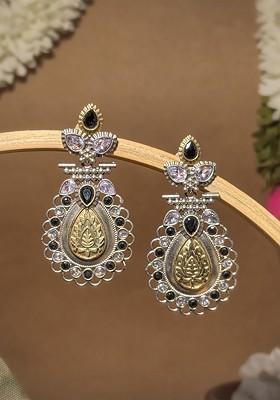 Silver Plated Artificial Stones Studded Teardrop Shaped Oxidised Drop Earrings
