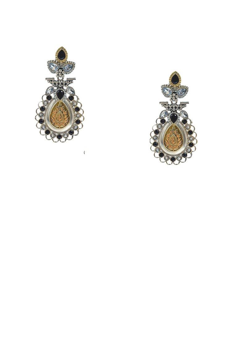 Silver Plated Artificial Stones Studded Teardrop Shaped Oxidised Drop Earrings