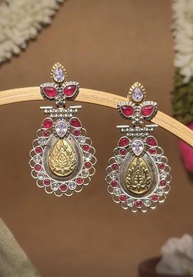 Silver Plated Artificial Stones Studded Teardrop Shaped Oxidised Drop Earrings