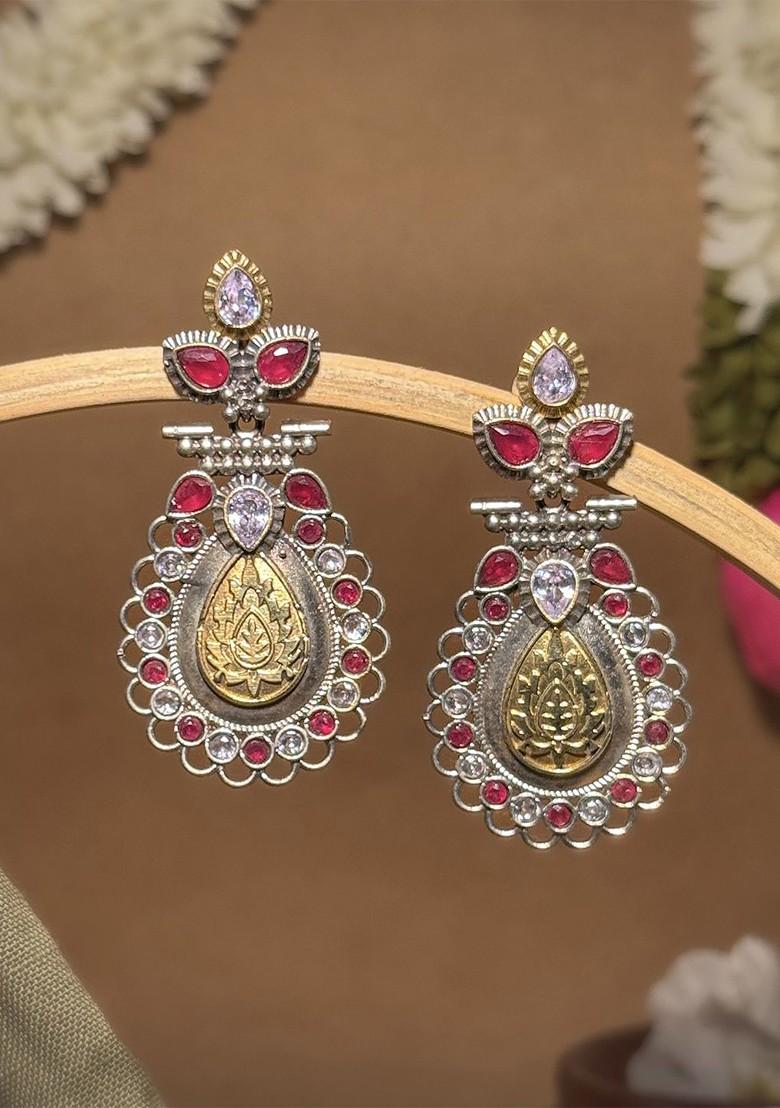 Silver Plated Artificial Stones Studded Teardrop Shaped Oxidised Drop Earrings