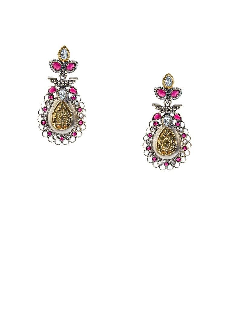 Silver Plated Artificial Stones Studded Teardrop Shaped Oxidised Drop Earrings