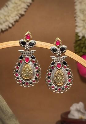 Silver Plated Artificial Stones Studded Teardrop Shaped Oxidised Drop Earrings