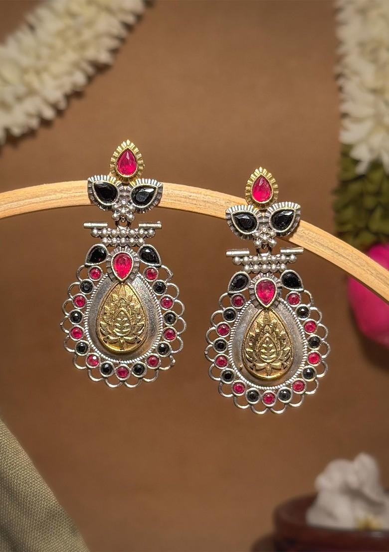 Silver Plated Artificial Stones Studded Teardrop Shaped Oxidised Drop Earrings