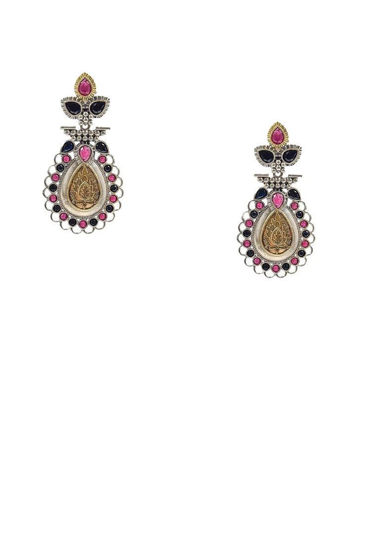 Silver Plated Artificial Stones Studded Teardrop Shaped Oxidised Drop Earrings