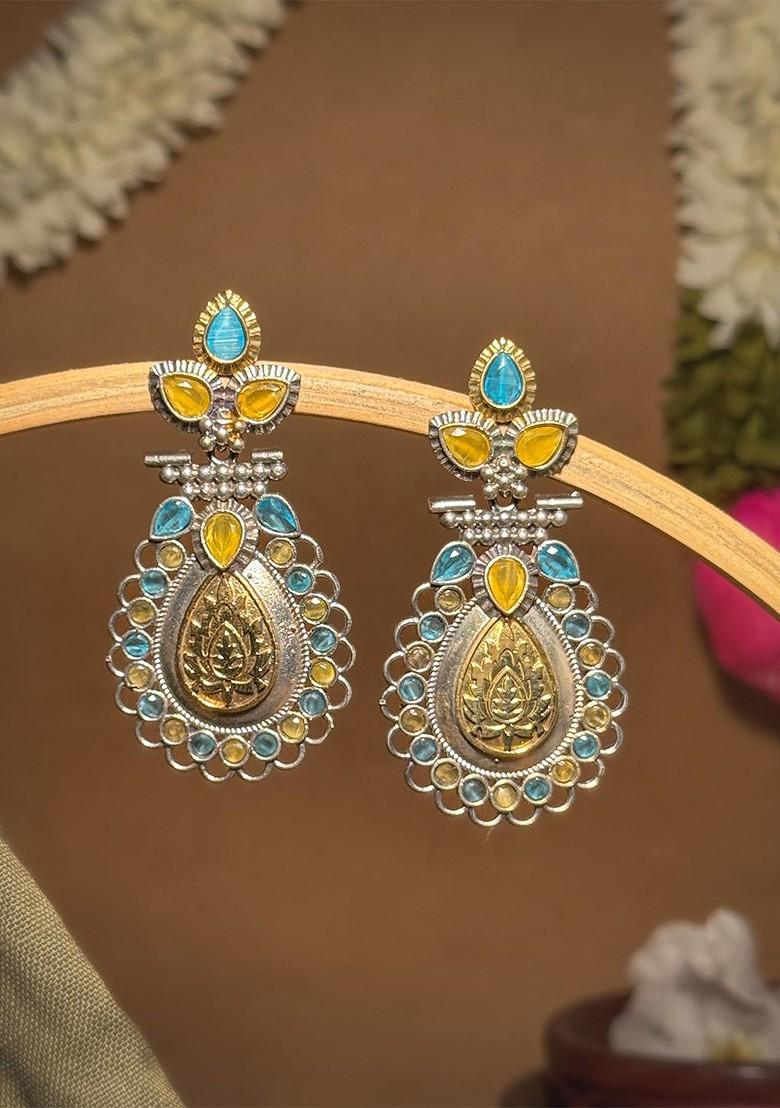 Silver Plated Artificial Stones Studded Teardrop Shaped Oxidised Drop Earrings