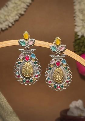 Silver Plated Artificial Stones Studded Teardrop Shaped Oxidised Drop Earrings