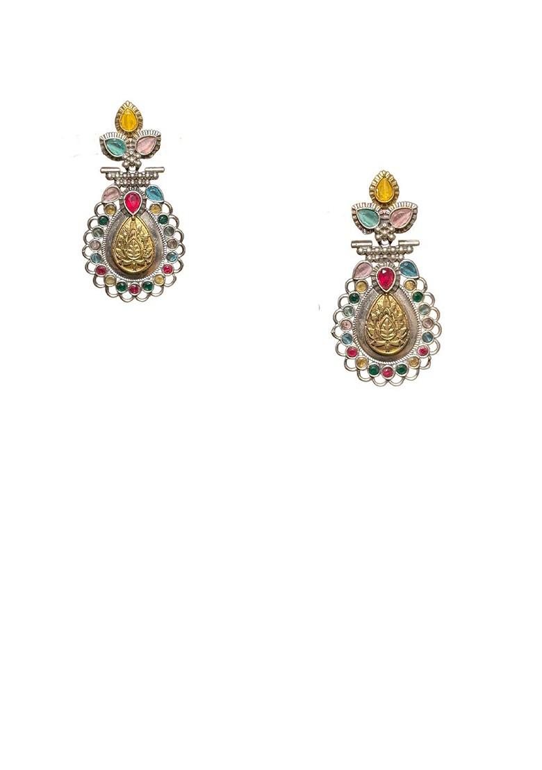 Silver Plated Artificial Stones Studded Teardrop Shaped Oxidised Drop Earrings