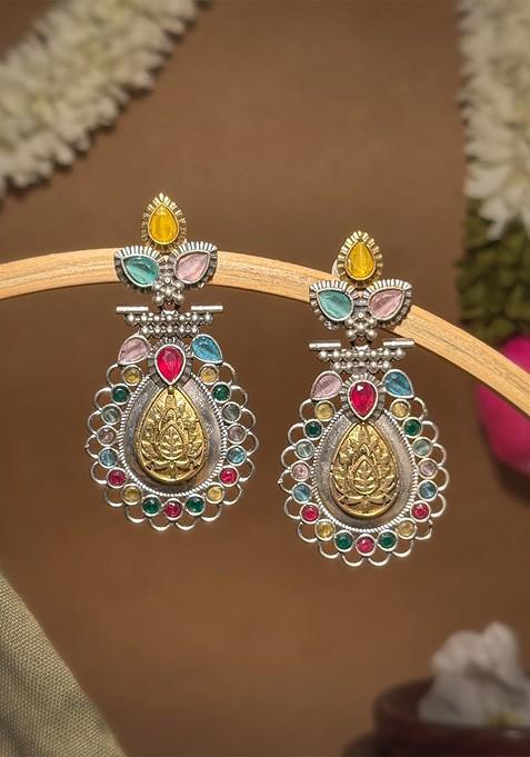 Silver Plated Artificial Stones Studded Teardrop Shaped Oxidised Drop Earrings