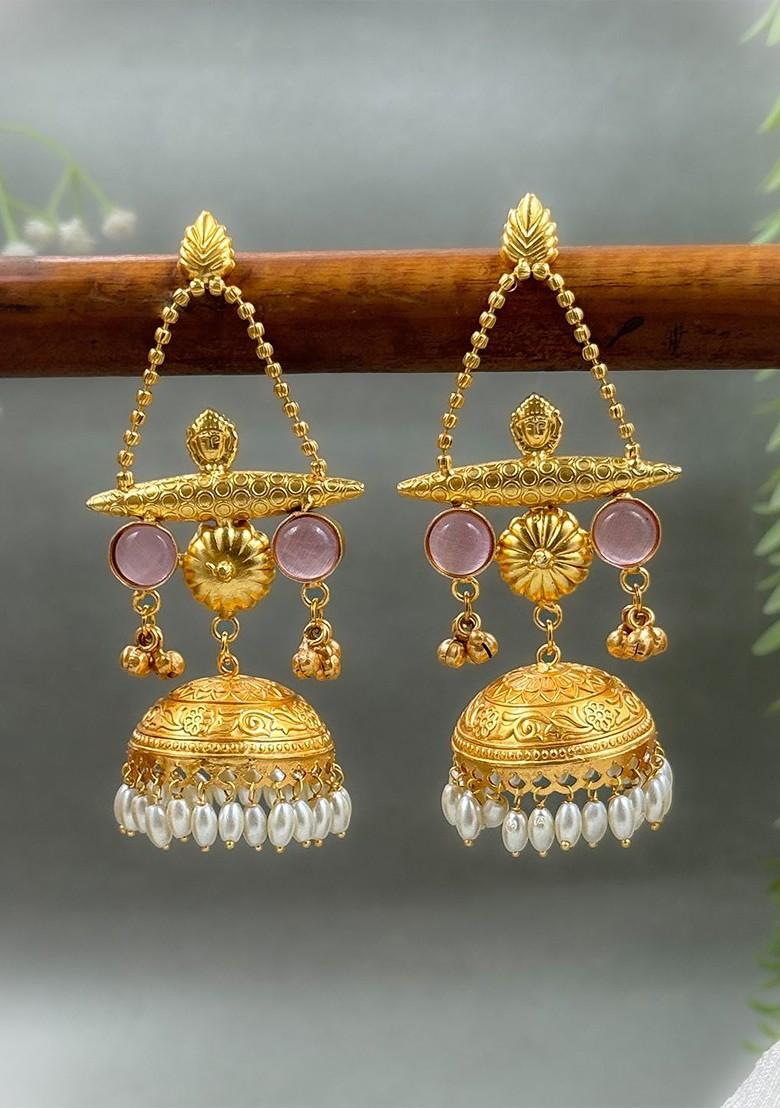 Gold Plated Artificial Stone Studded And Beaded Dome Shaped Jhumkas