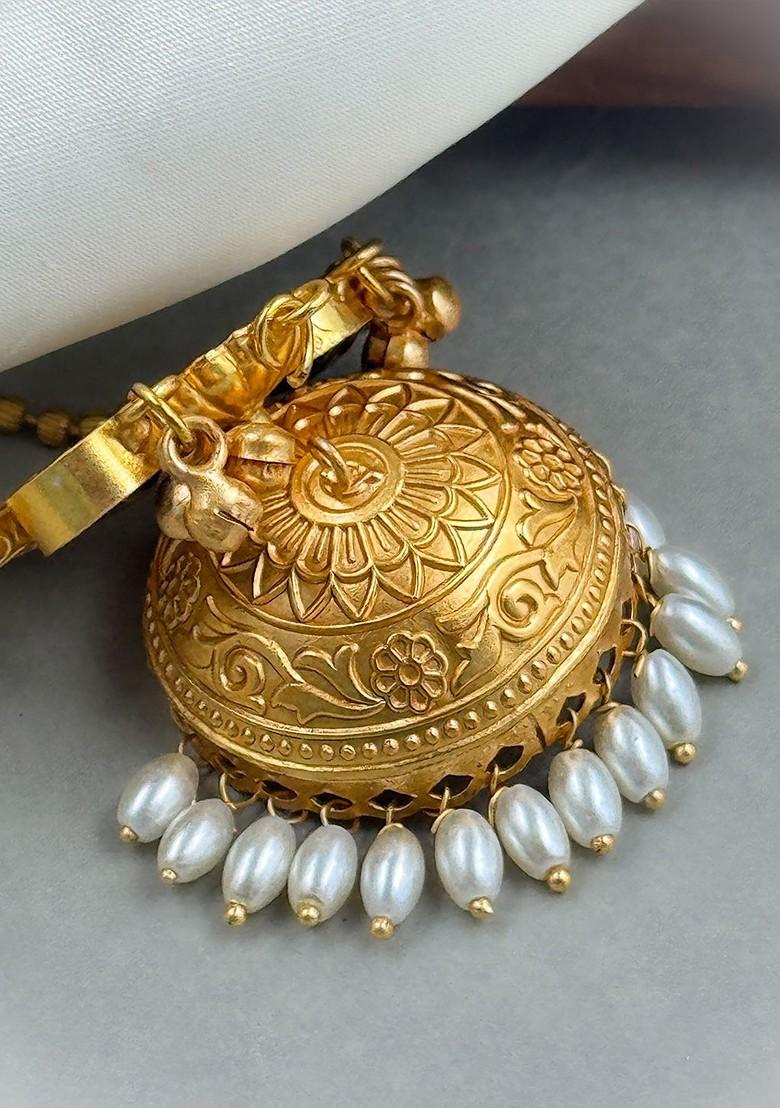 Gold Plated Artificial Stone Studded And Beaded Dome Shaped Jhumkas