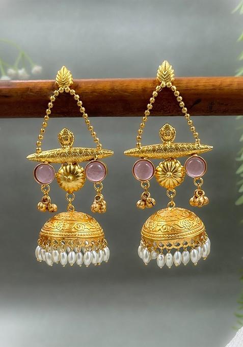 Gold Plated Artificial Stone Studded And Beaded Dome Shaped Jhumkas