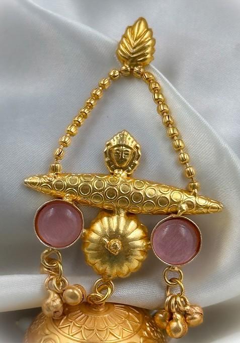 Gold Plated Artificial Stone Studded And Beaded Dome Shaped Jhumkas