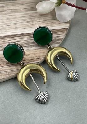 Silver Plated Artificial Stones Studded Oxidised Contemporary Drop Earrings