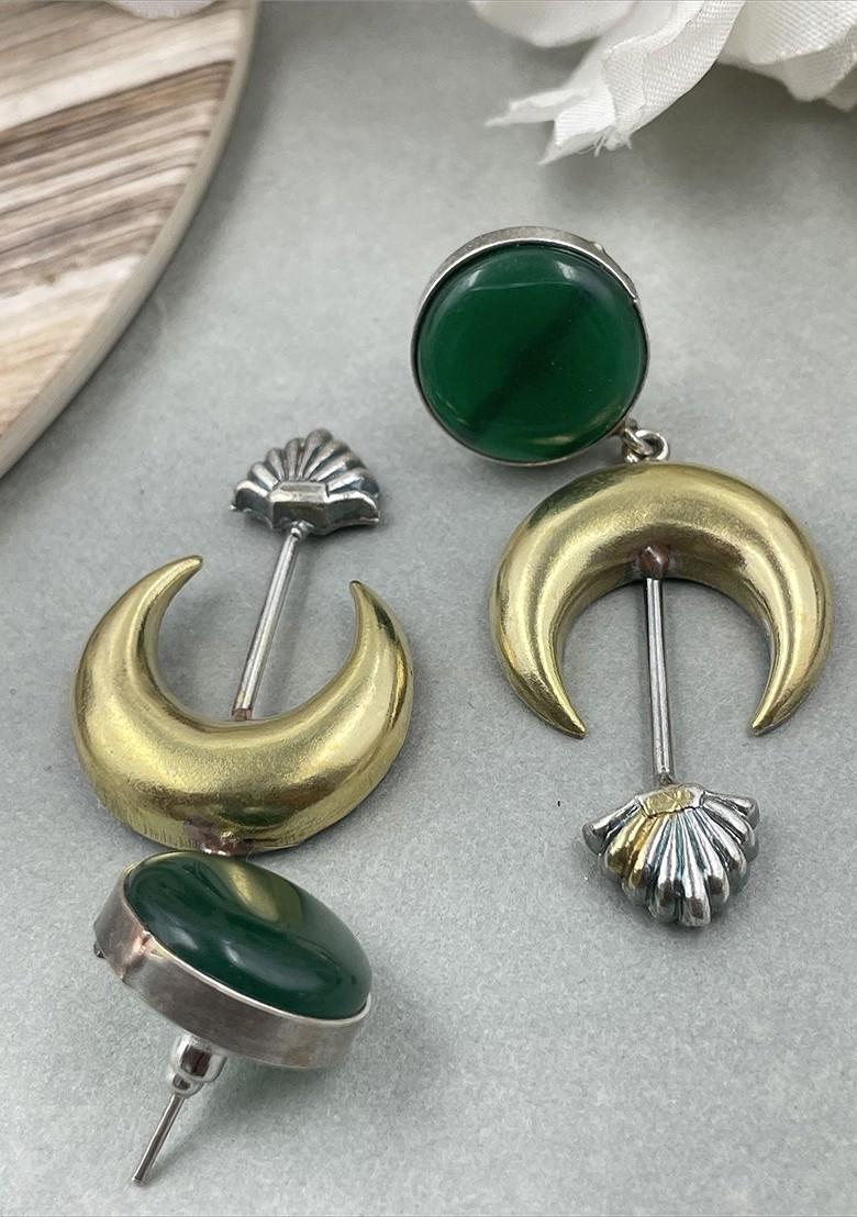 Silver Plated Artificial Stones Studded Oxidised Contemporary Drop Earrings