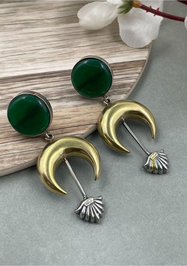 Silver Plated Artificial Stones Studded Oxidised Contemporary Drop Earrings