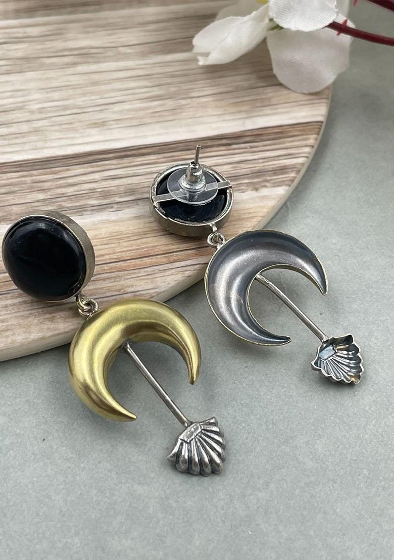 Silver Plated Artificial Stones Studded Contemporary Shaped Drop Earrings