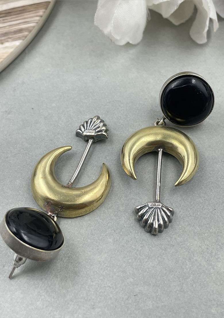 Silver Plated Artificial Stones Studded Contemporary Shaped Drop Earrings - Indya