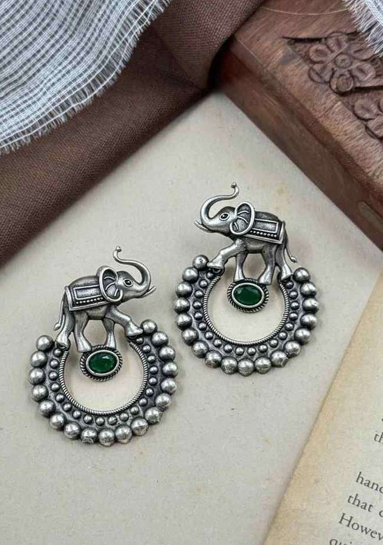 Silver Plated Artificial Stones Studded Circular Shaped Drop Earrings - Indya