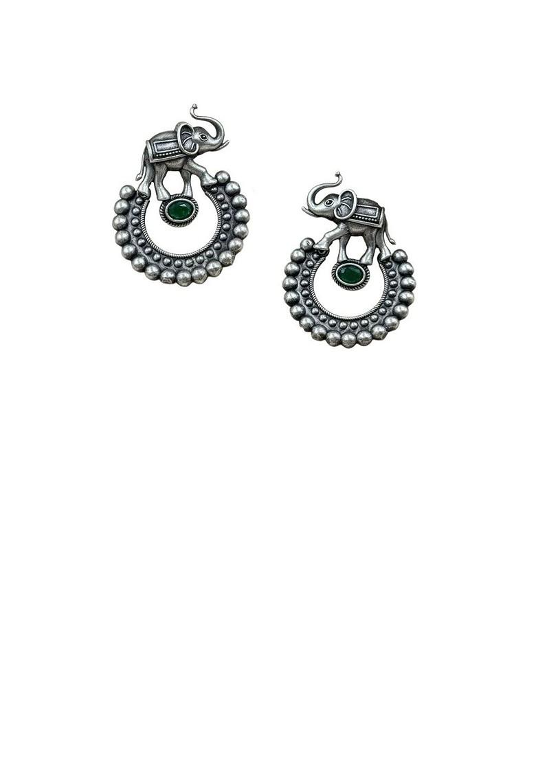 Silver Plated Artificial Stones Studded Circular Shaped Drop Earrings