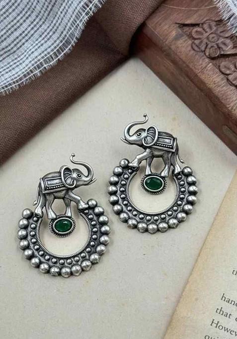 Silver Plated Artificial Stones Studded Circular Shaped Drop Earrings