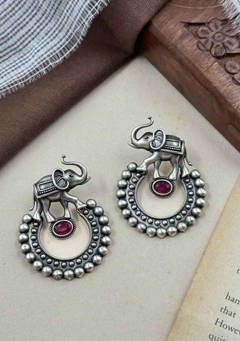 Silver Plated Artificial Stones Studded Oxidised Contemporary Drop Earrings - Indya