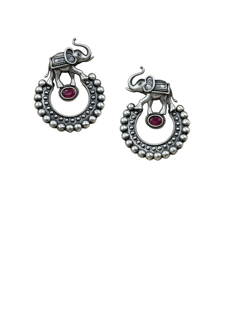 Silver Plated Artificial Stones Studded Oxidised Contemporary Drop Earrings
