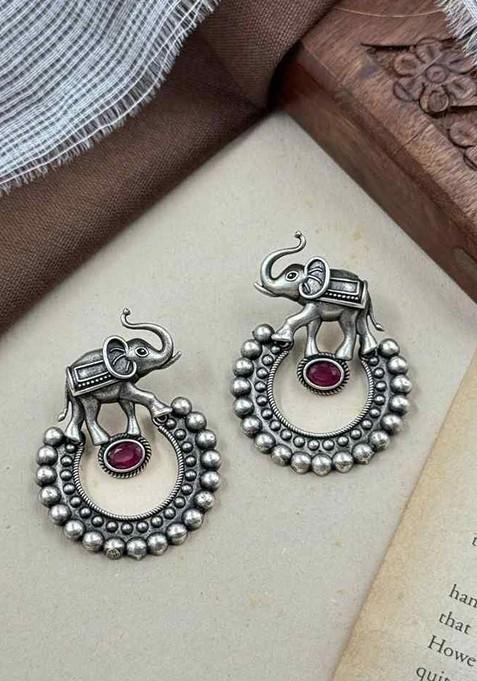 Silver Plated Artificial Stones Studded Oxidised Contemporary Drop Earrings