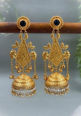 Eshani Gold Plated Artificial Stones Studded And Beaded Dome Shaped Jhumkas