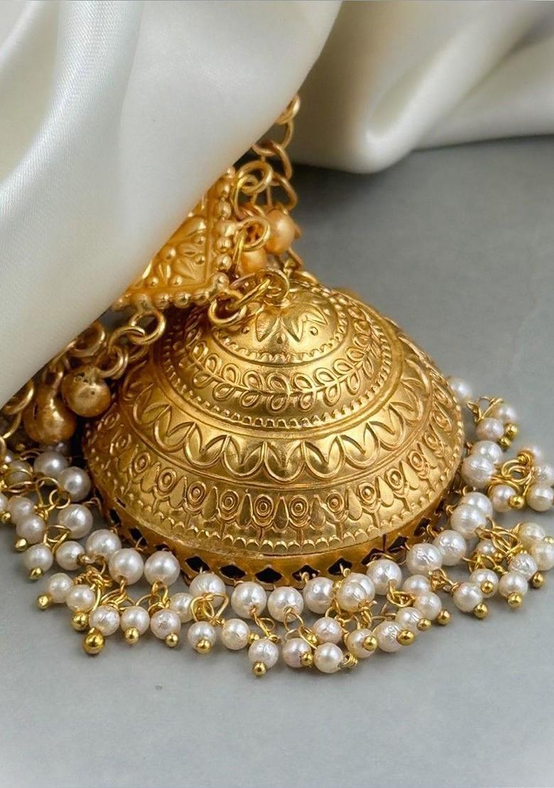 Eshani Gold Plated Artificial Stones Studded And Beaded Dome Shaped Jhumkas