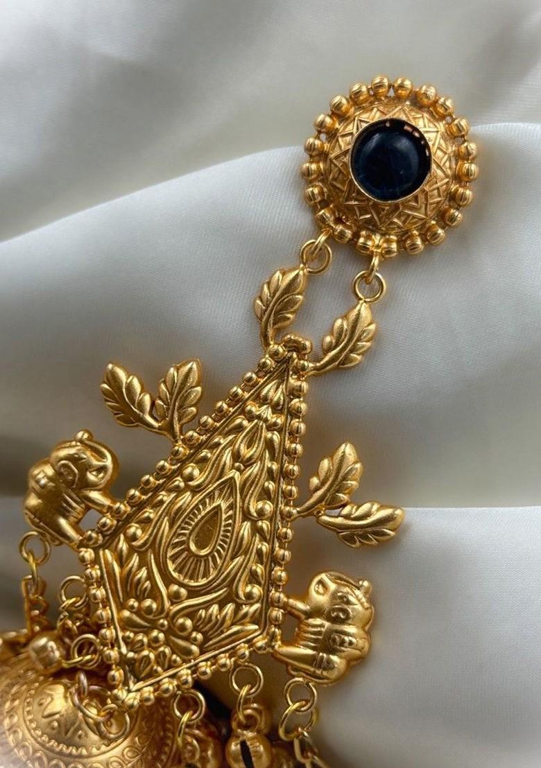 Eshani Gold Plated Artificial Stones Studded And Beaded Dome Shaped Jhumkas