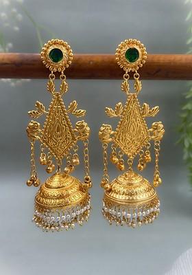 Eshani Gold Plated Artificial Stones Studded And Beaded Dome Shaped Jhumkas