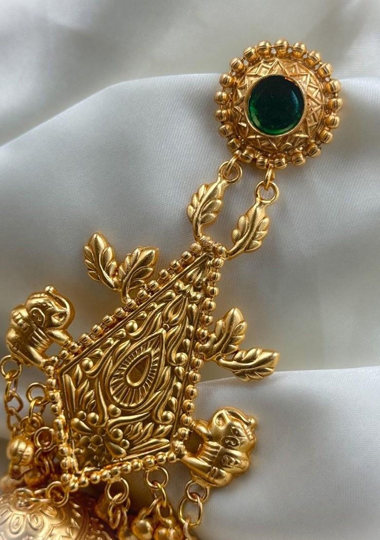 Eshani Gold Plated Artificial Stones Studded And Beaded Dome Shaped Jhumkas