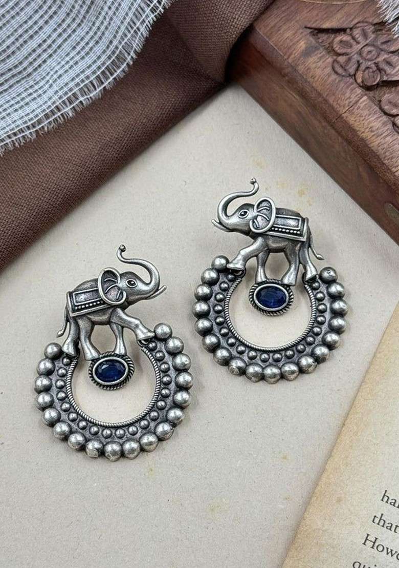 Silver Plated Artificial Stones Studded Circular Shaped Drop Earrings - Indya