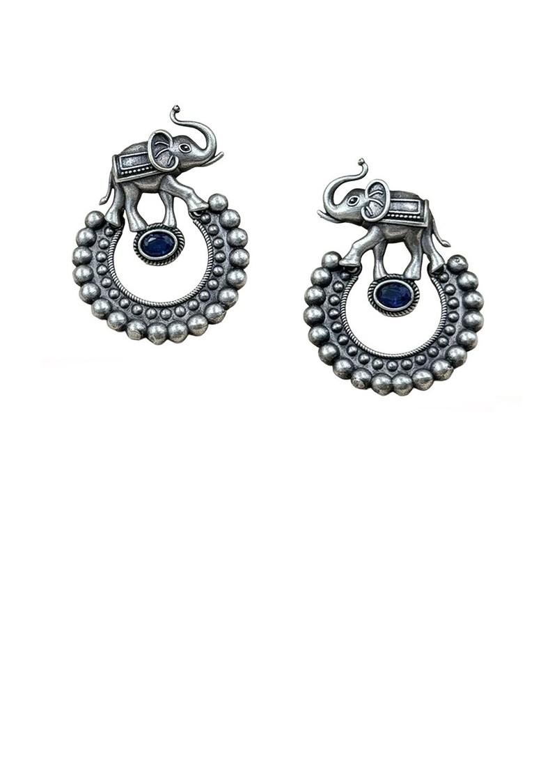 Silver Plated Artificial Stones Studded Circular Shaped Drop Earrings