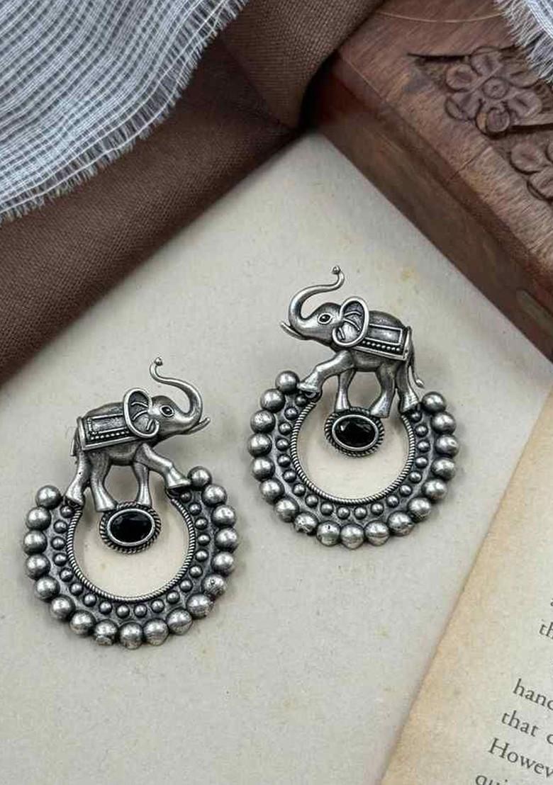 Silver Plated Artificial Stones Studded Oxidised Contemporary Drop Earrings
