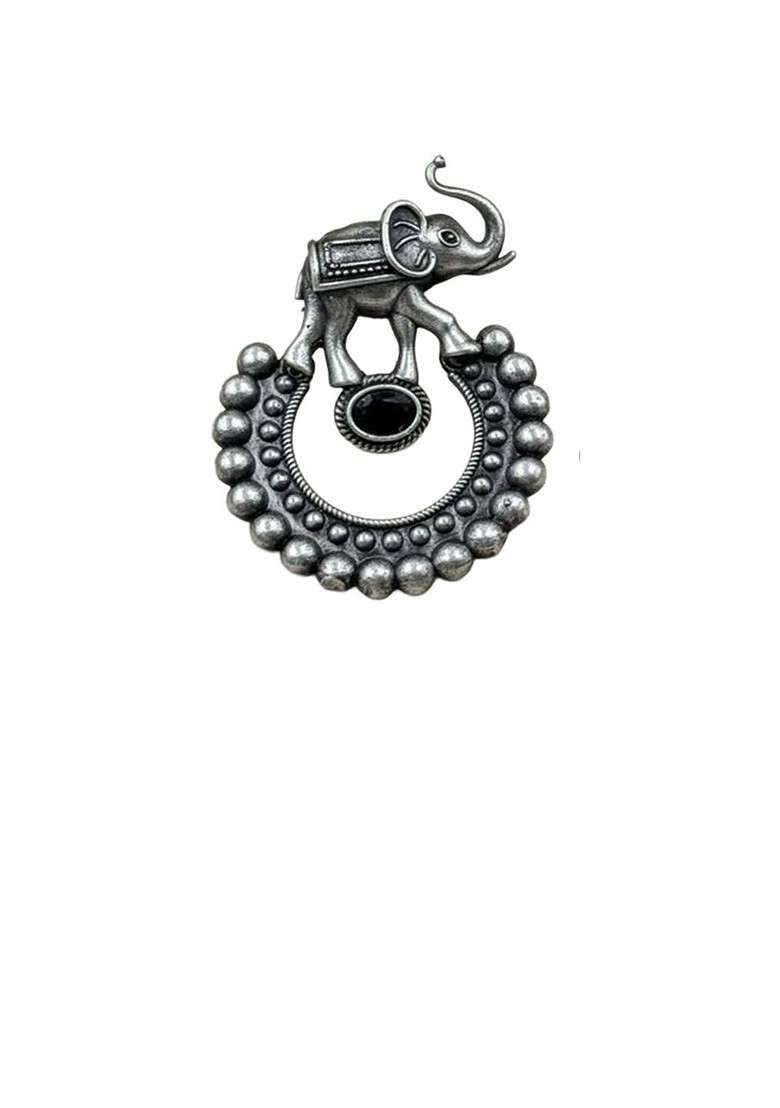 Silver Plated Artificial Stones Studded Oxidised Contemporary Drop Earrings - Indya