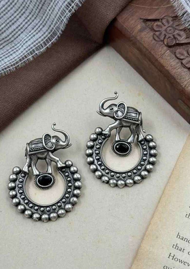 Silver Plated Artificial Stones Studded Oxidised Contemporary Drop Earrings - Indya