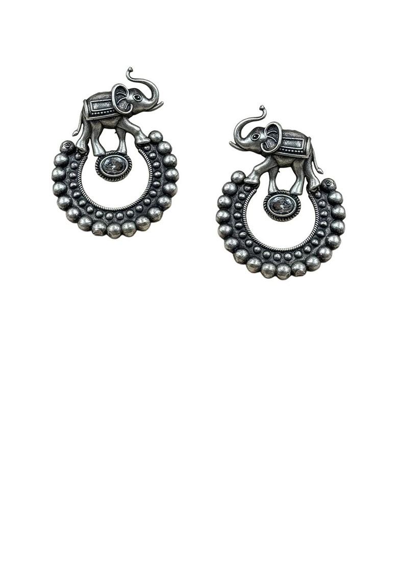 Silver Plated Artificial Stones Studded Circular Shaped Drop Earrings
