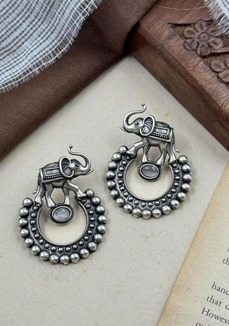Silver Plated Artificial Stones Studded Circular Shaped Drop Earrings