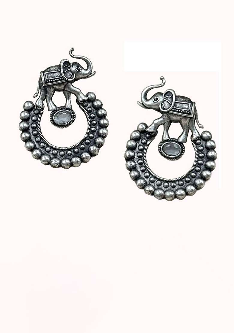 Silver Plated Artificial Stones Studded Circular Shaped Drop Earrings - Indya