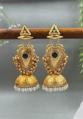 Kavya Gold Plated Artificial Stones Studded And Beaded Dome Shaped Jhumkas