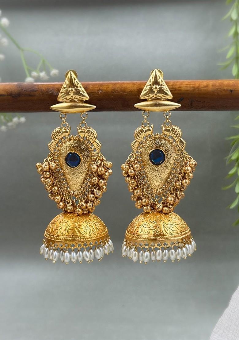 Kavya Gold Plated Artificial Stones Studded And Beaded Dome Shaped Jhumkas